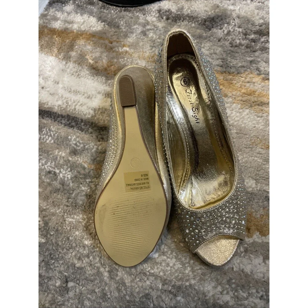 First Sight Gold Rhinestone Wedge Heels Womens 6 Open Toe Party Wedding Shoes